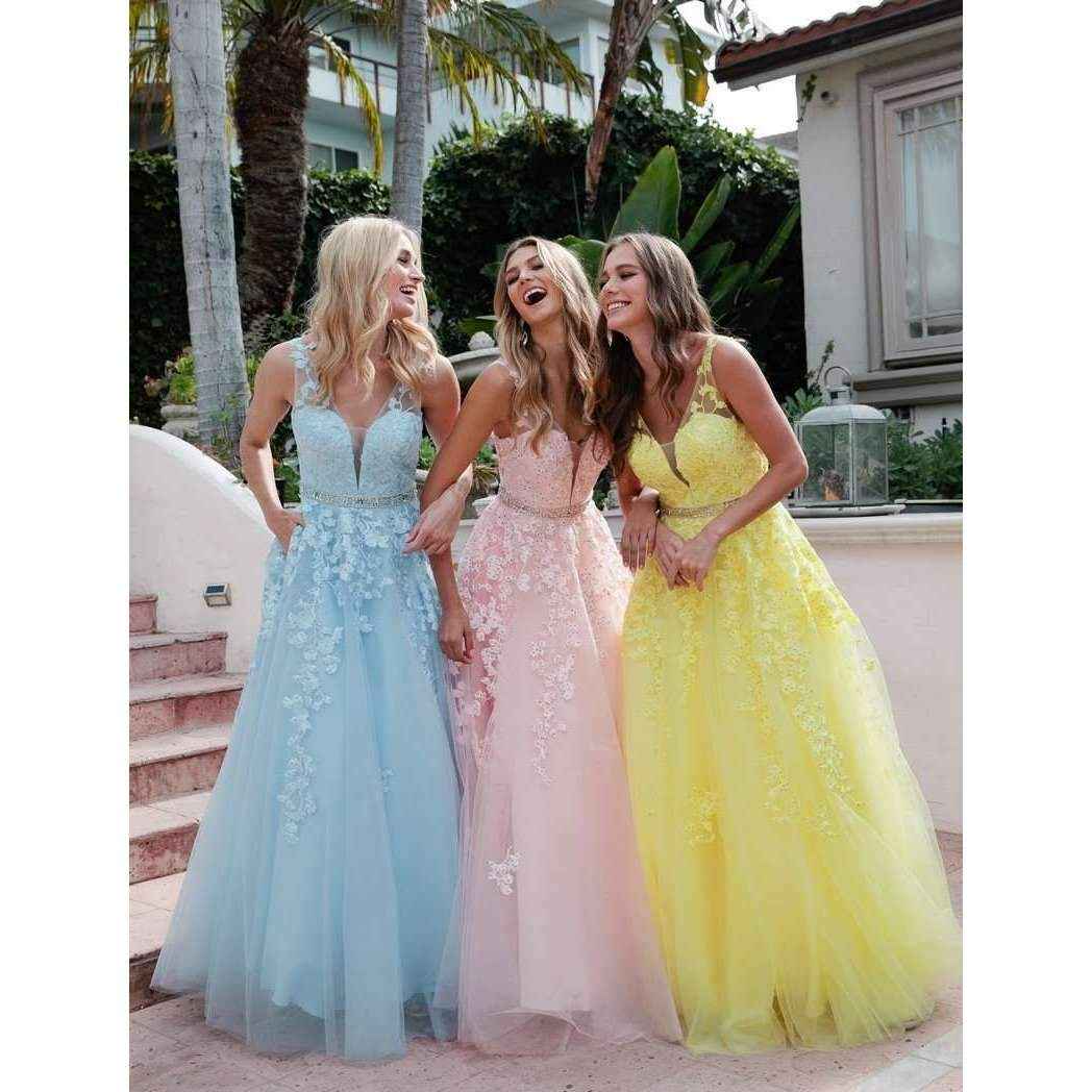 Juliet 224 V-Neck and Back Embroidered Tulle A-Line Ball Gown