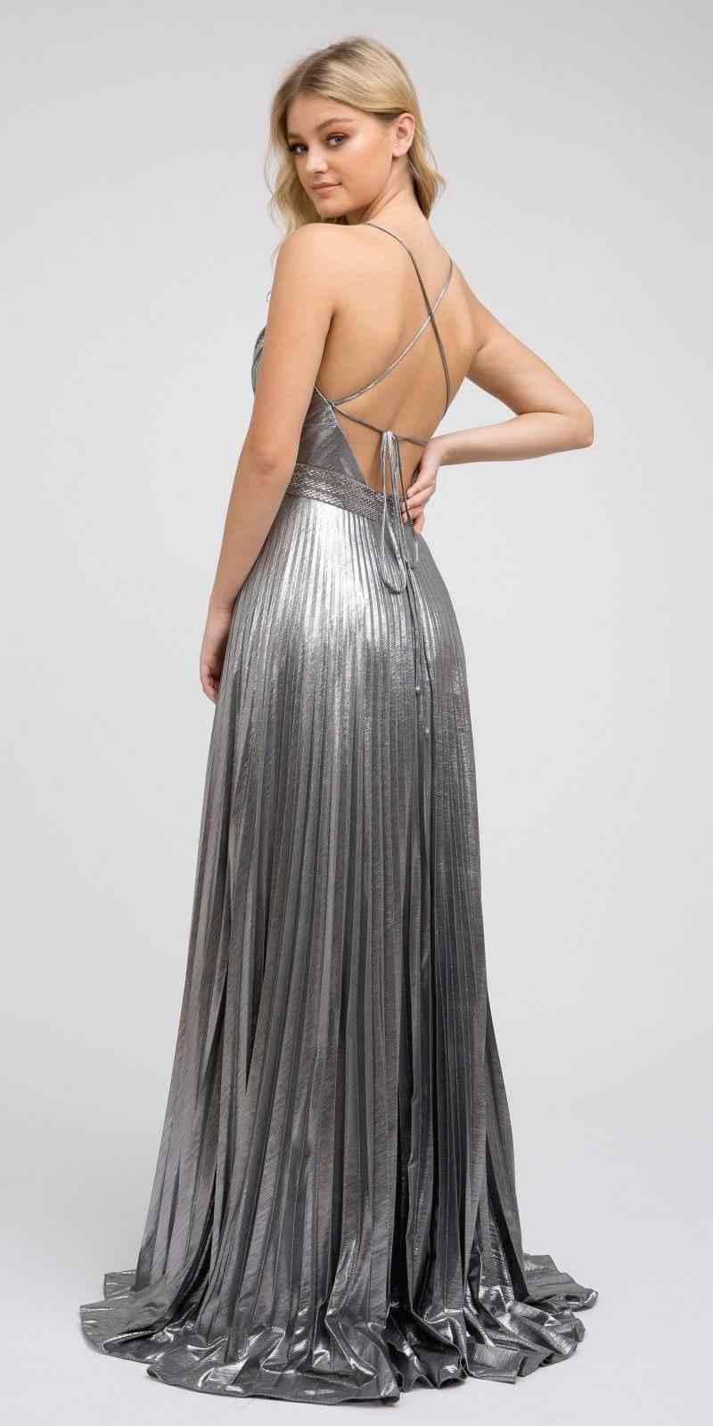 Juliet 226 Metallic Pleated Long Dress A-Line Lace-Up Back