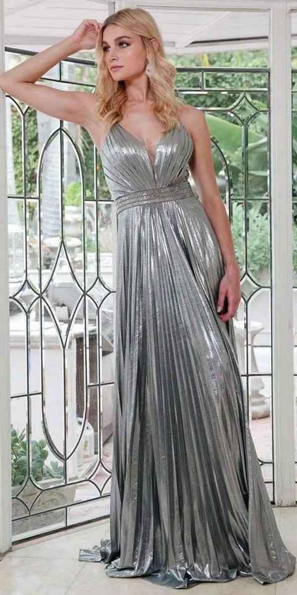 Juliet 226 Metallic Pleated Long Dress A-Line Lace-Up Back
