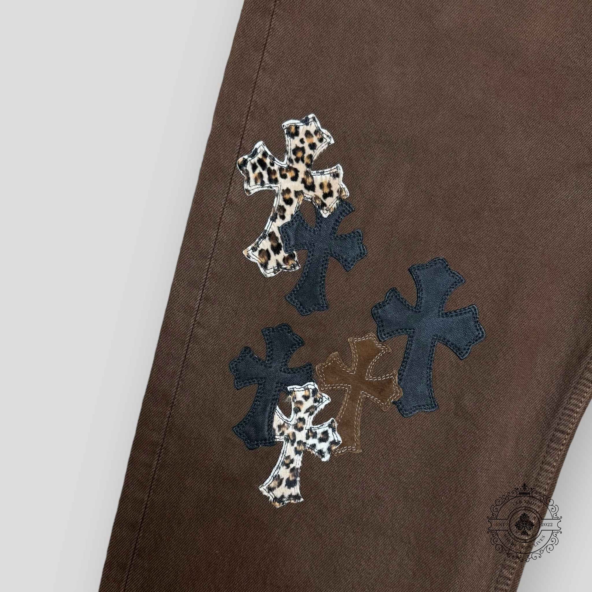 Chrome Hearts Brown Leopard Cross Patch Jeans