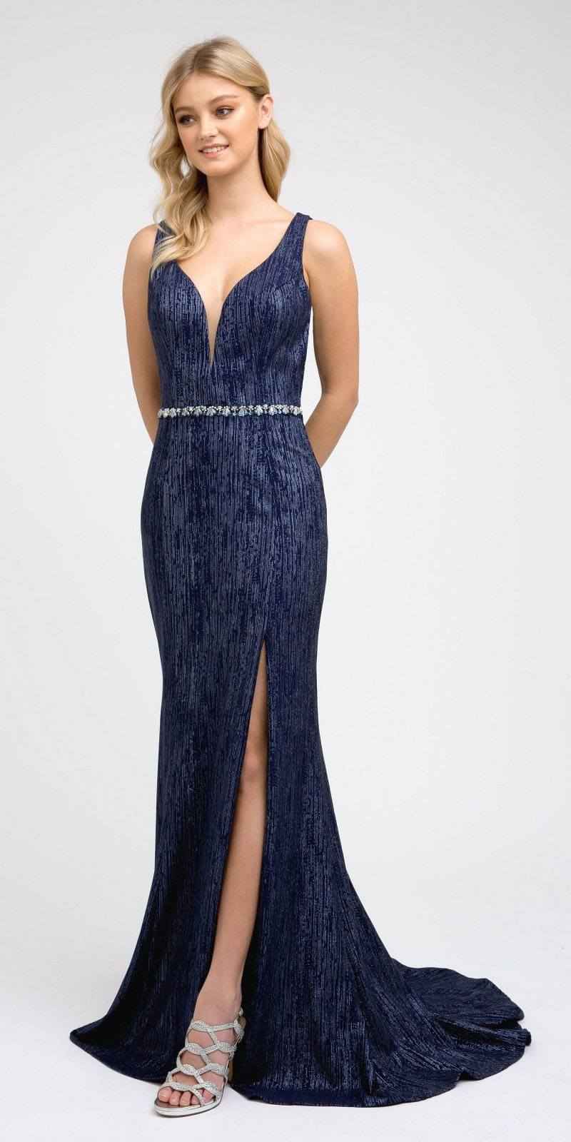 Juliet 237 Strappy-Back Long Prom Dress with Slit