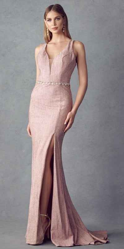 Juliet 237 Strappy-Back Long Prom Dress with Slit