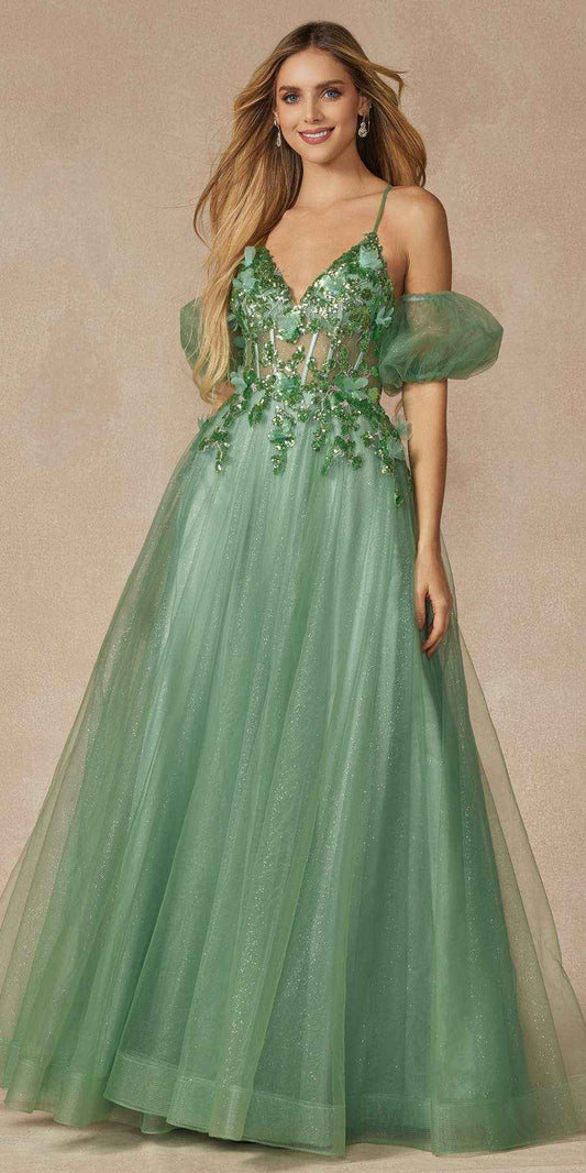 Juliet 2401 Floor Length A-Line Tulle Gown with Detachable Puff Sleeves