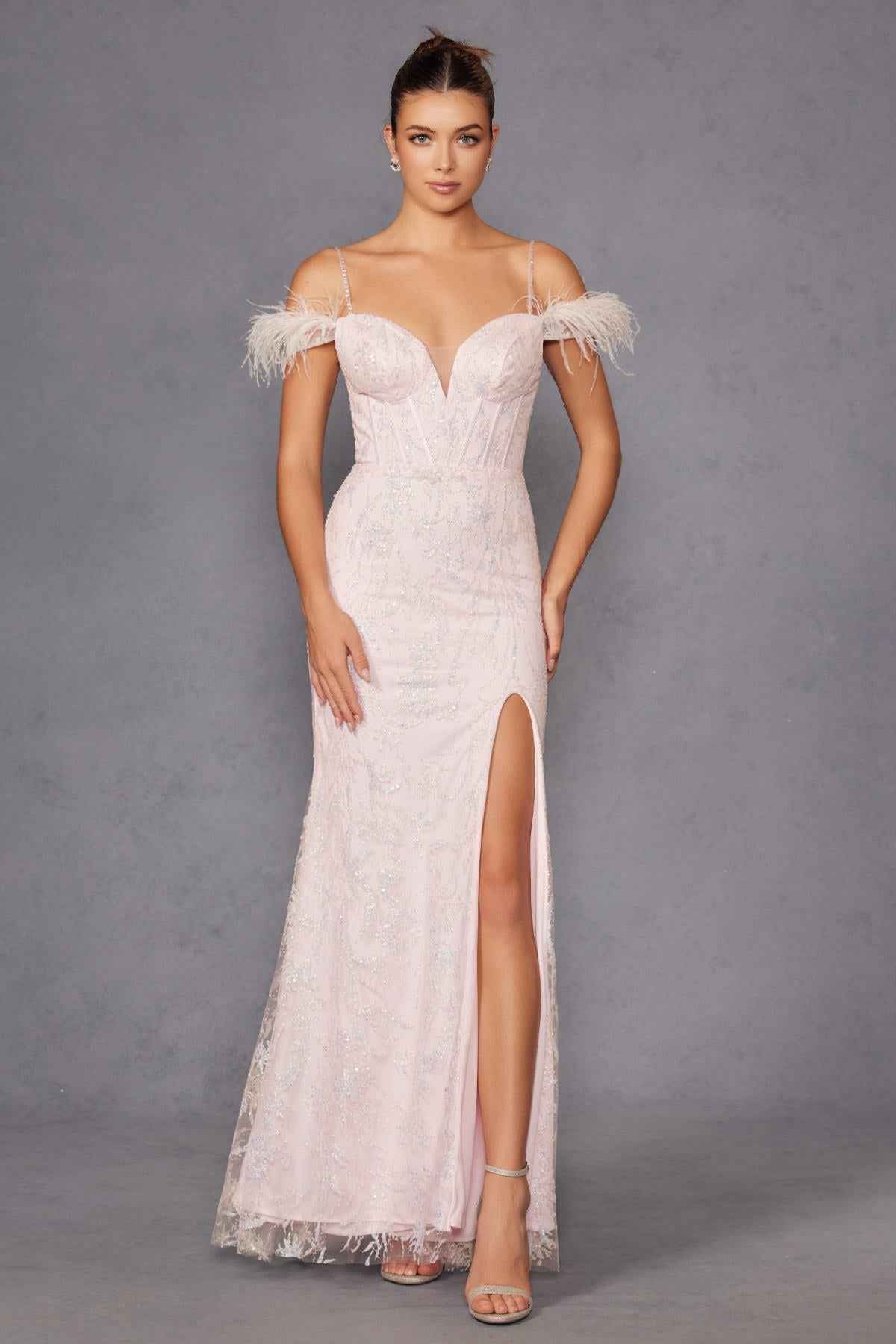 Juliet 2402 Glitter Leaf Sequin Gown with Feathered Sleeves and Slit