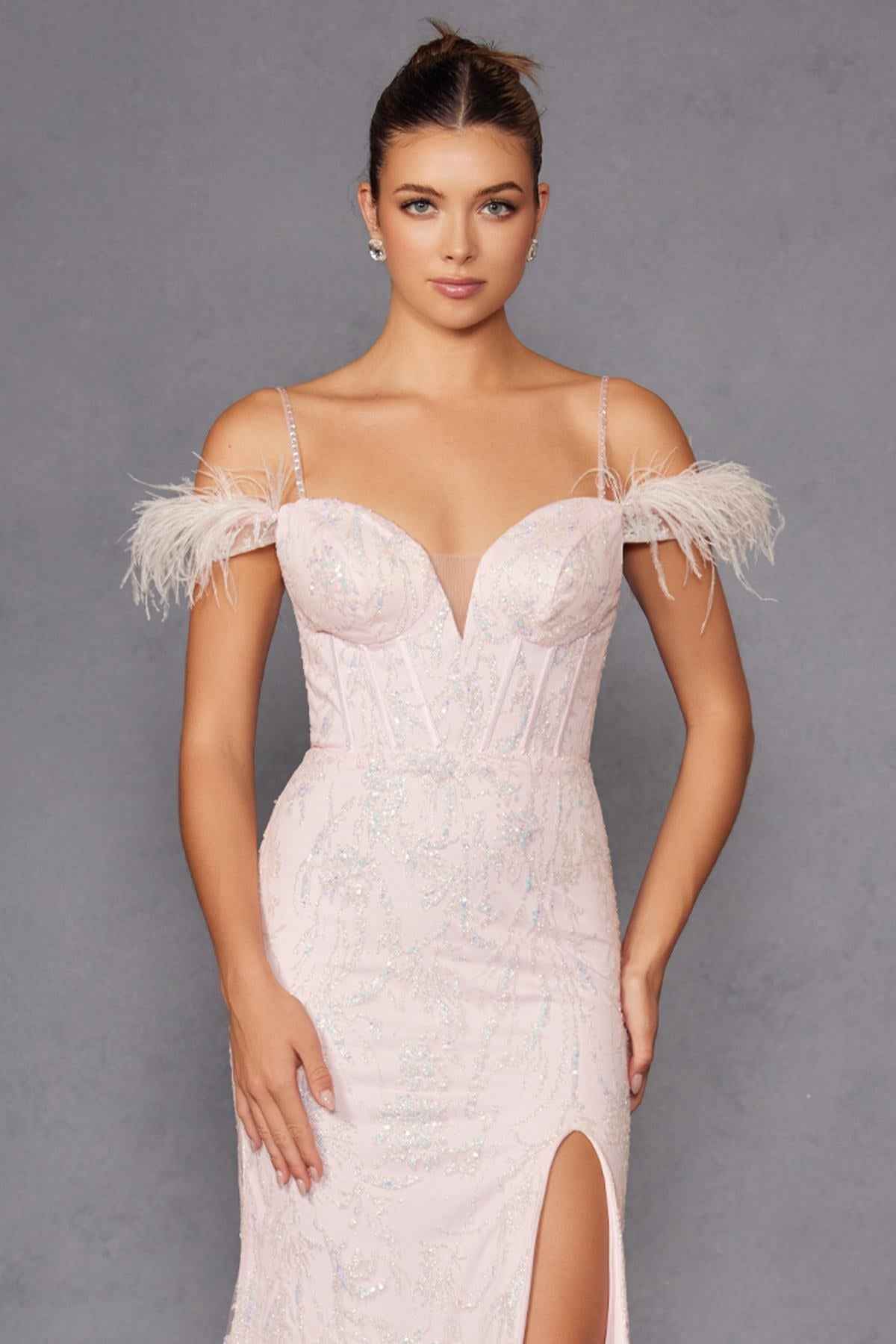 Juliet 2402 Glitter Leaf Sequin Gown with Feathered Sleeves and Slit