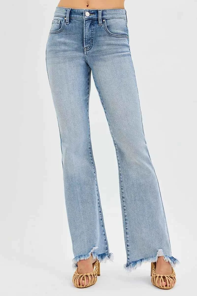 RISEN Full Size Tummy Control Mid Rise Flare Jeans with Fray Hem Detailed Plus Size