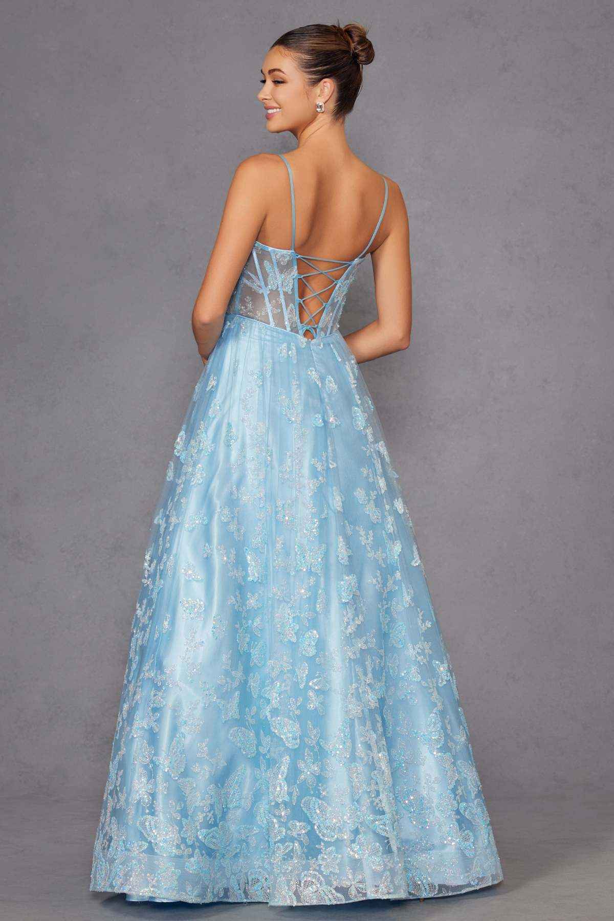 Juliet 2413 Long Butterfly Glitter Embroidered A-Line Gown with Corset Top