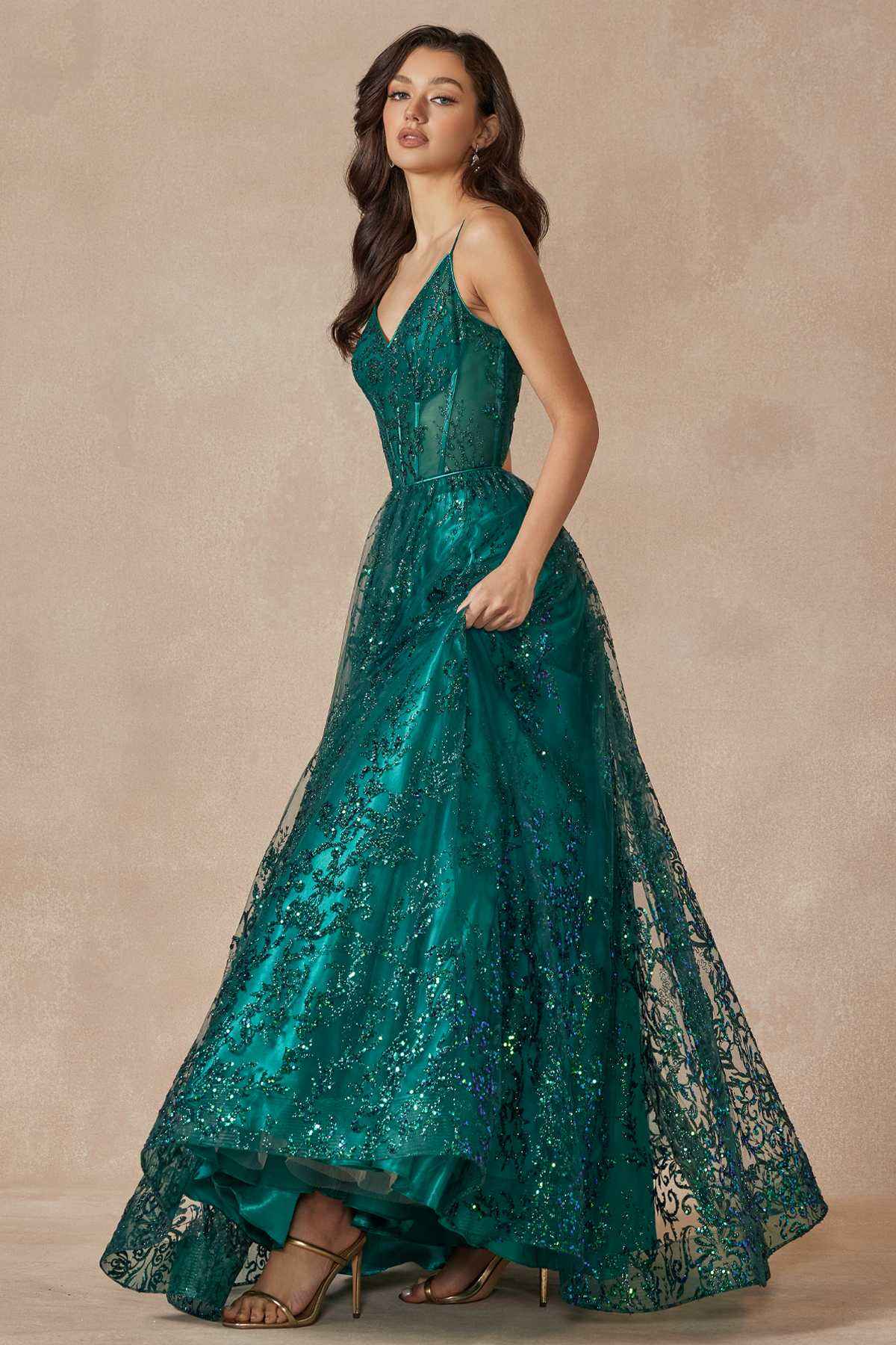 Juliet 2414 Floor Length A-Line Glitter Lace Tulle Ball Gown