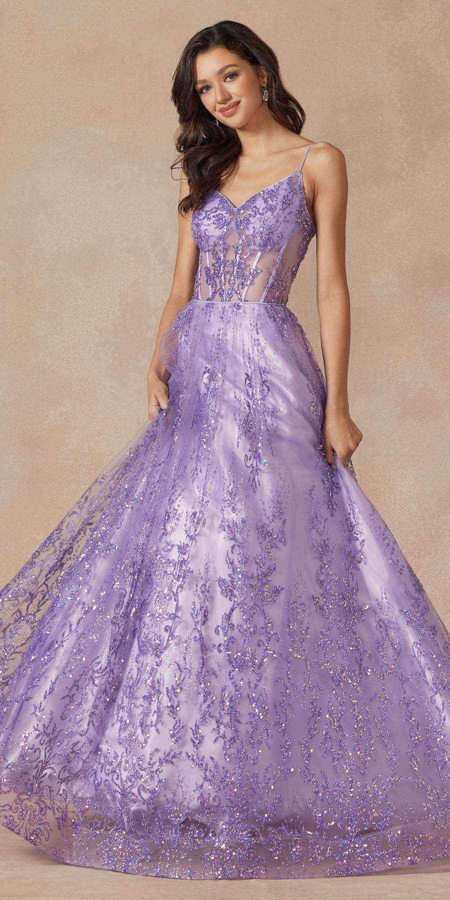 Juliet 2414 Floor Length A-Line Glitter Lace Tulle Ball Gown