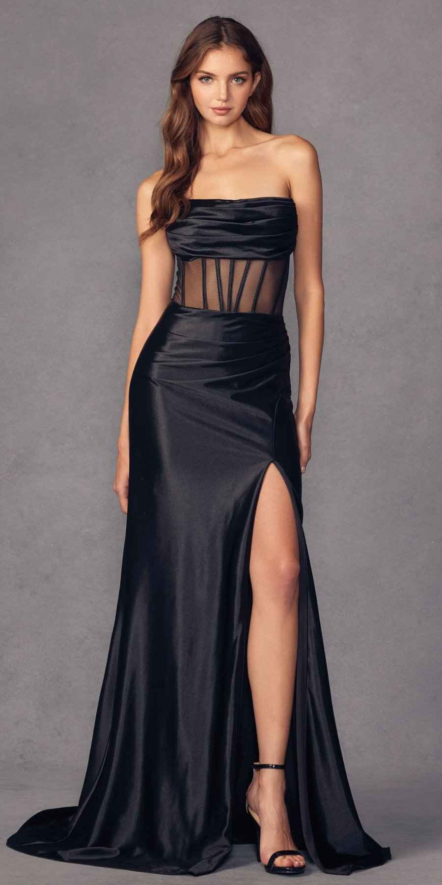 Juliet 2416 Floor Length Strapless Sheer Boned Bodice Slit Satin Dress