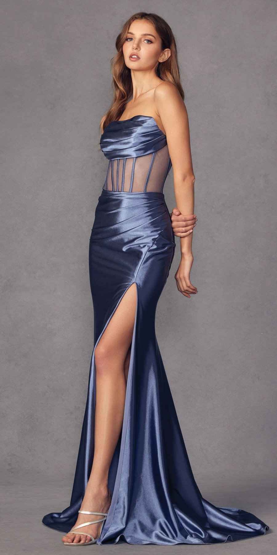 Juliet 2416 Floor Length Strapless Sheer Boned Bodice Slit Satin Dress