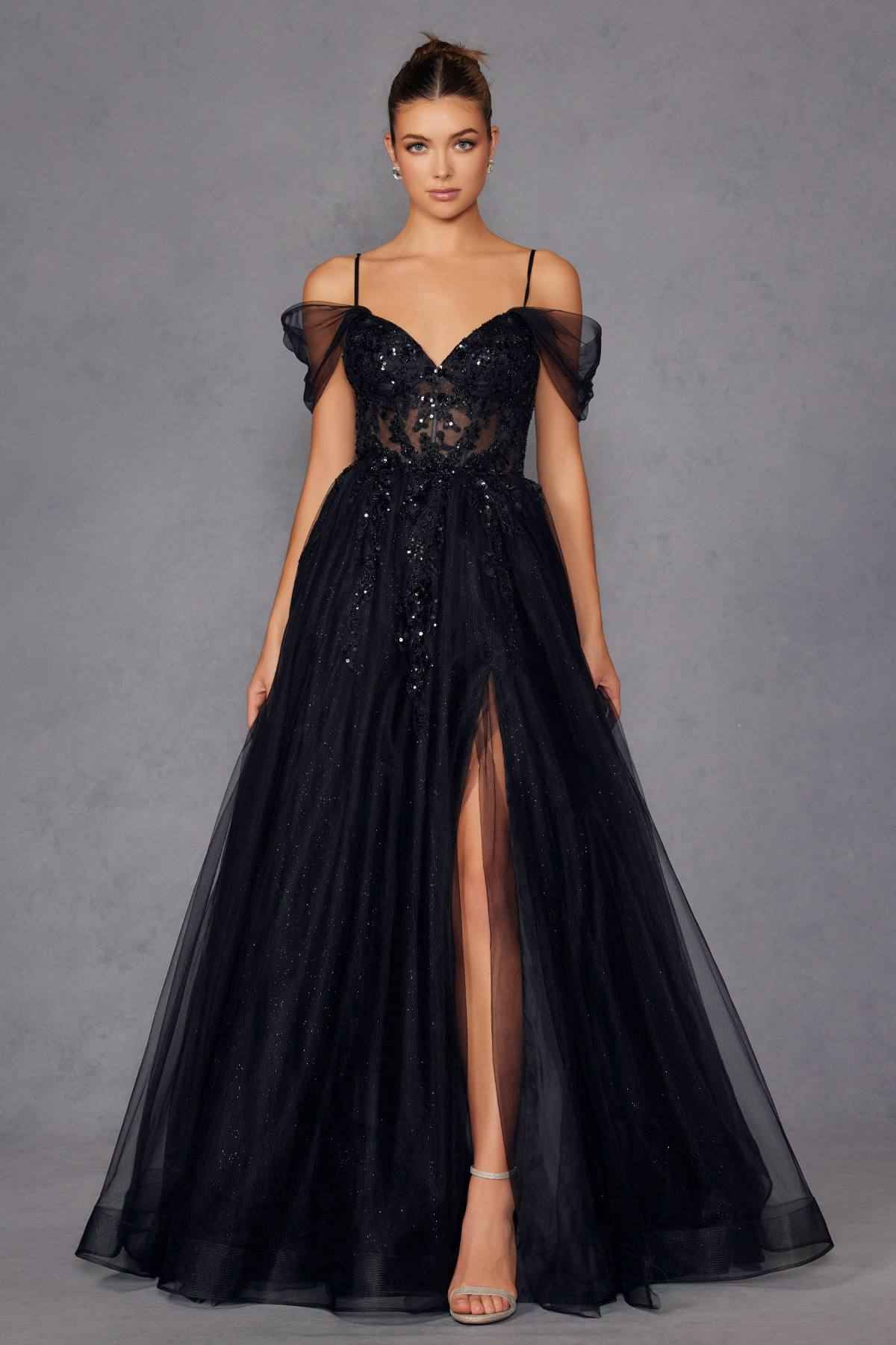 Juliet JT2466A Long Cold Shoulder Sweetheart Corset Bodice A-Line Gown