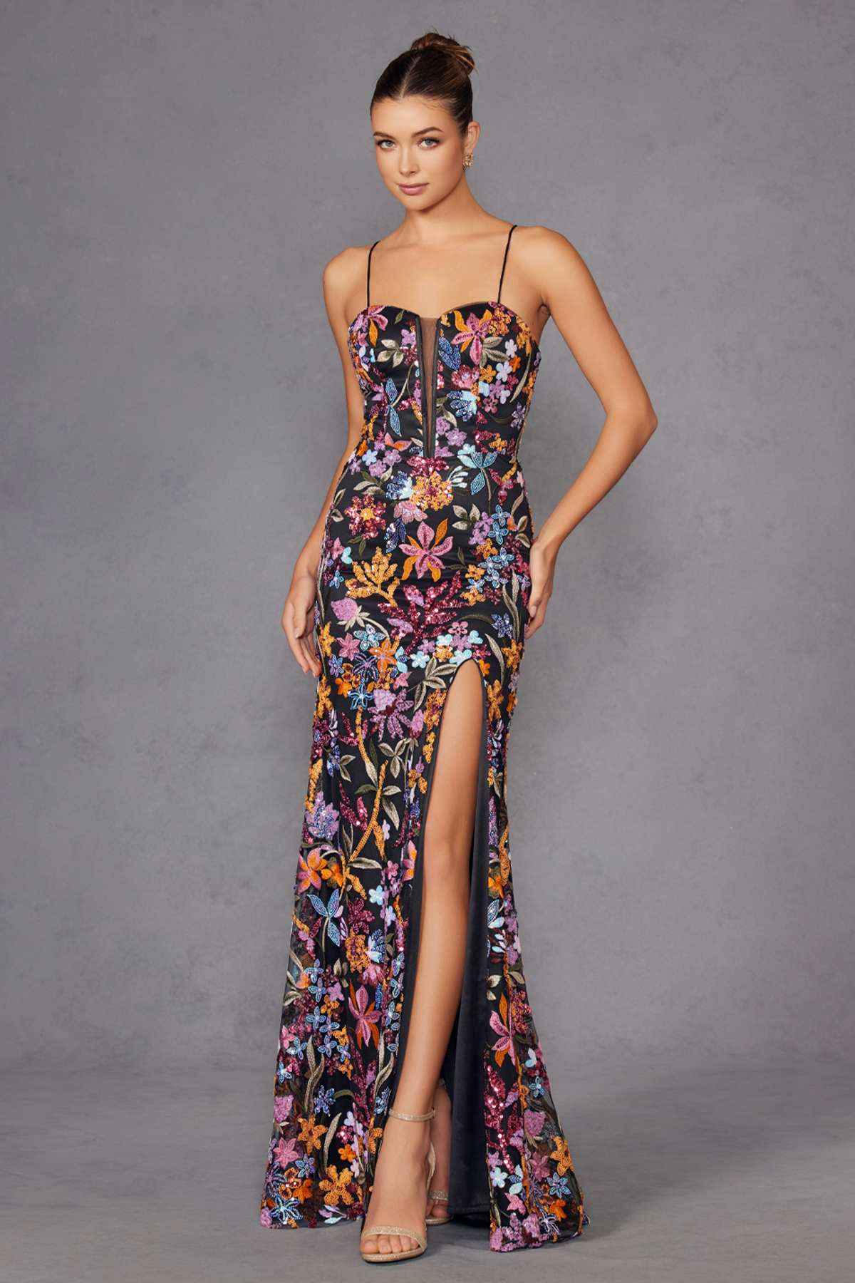 Juliet JT2498A Long Fitted Floral Embroidered Design Evening Gown