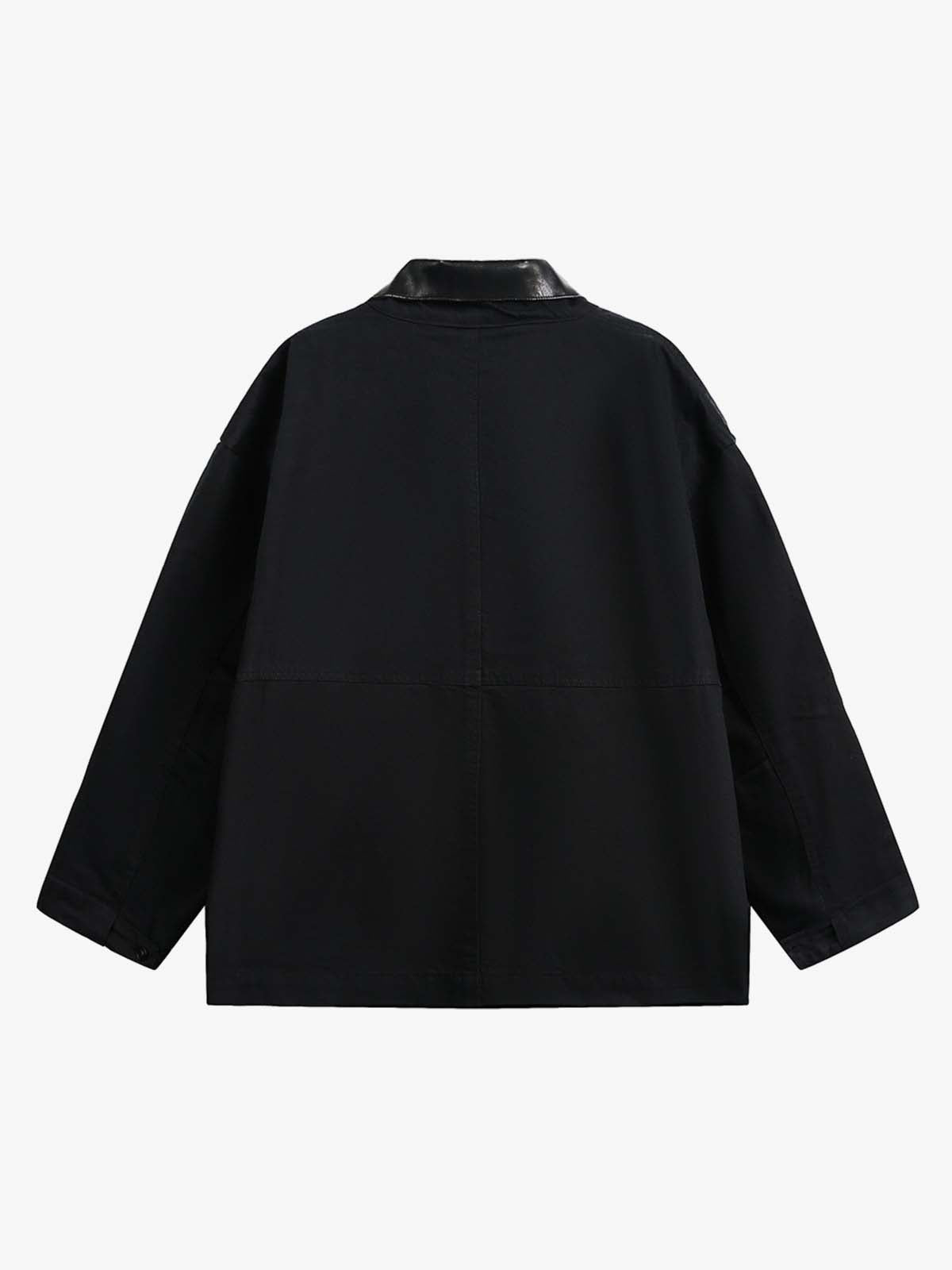 Leather Contrast Fold-Over Collar Multi Pocket Jacket - Luxuryurbanwear