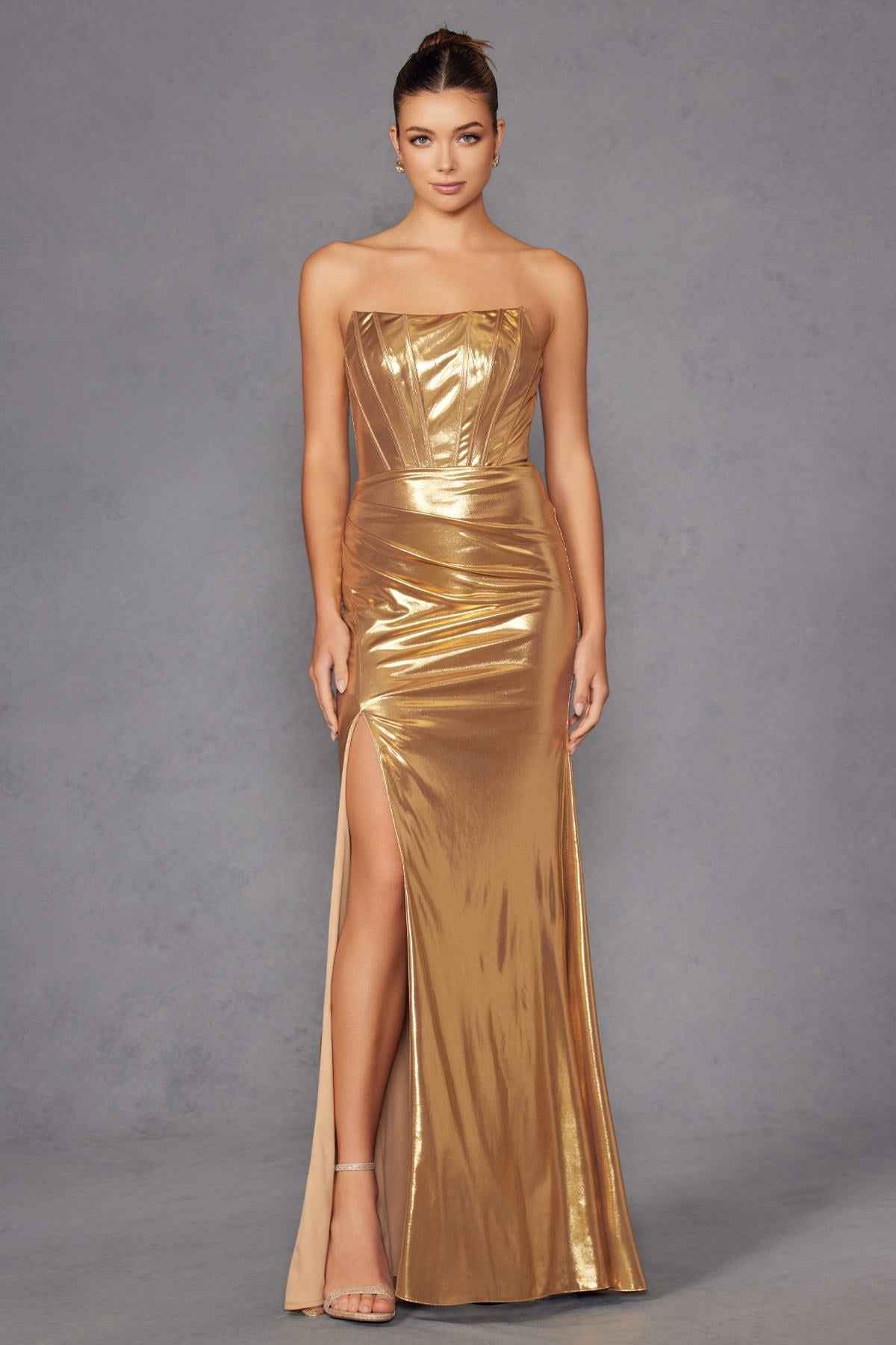 Juliet JT2500A Strapless Fitted Metallic Formal Gown