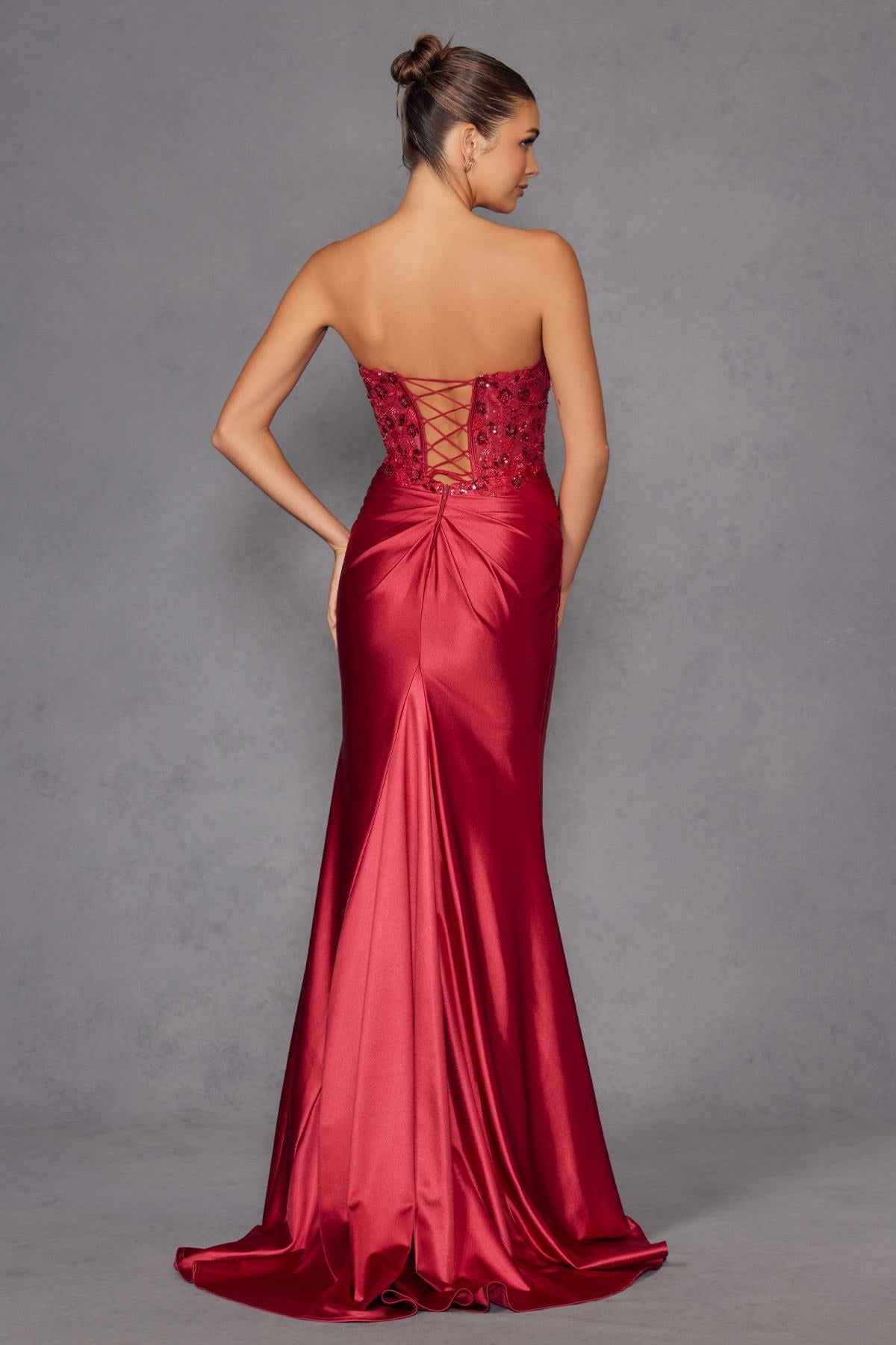 Juliet JT2534K Strapless Sweetheart Boned Corset Satin Prom Gown