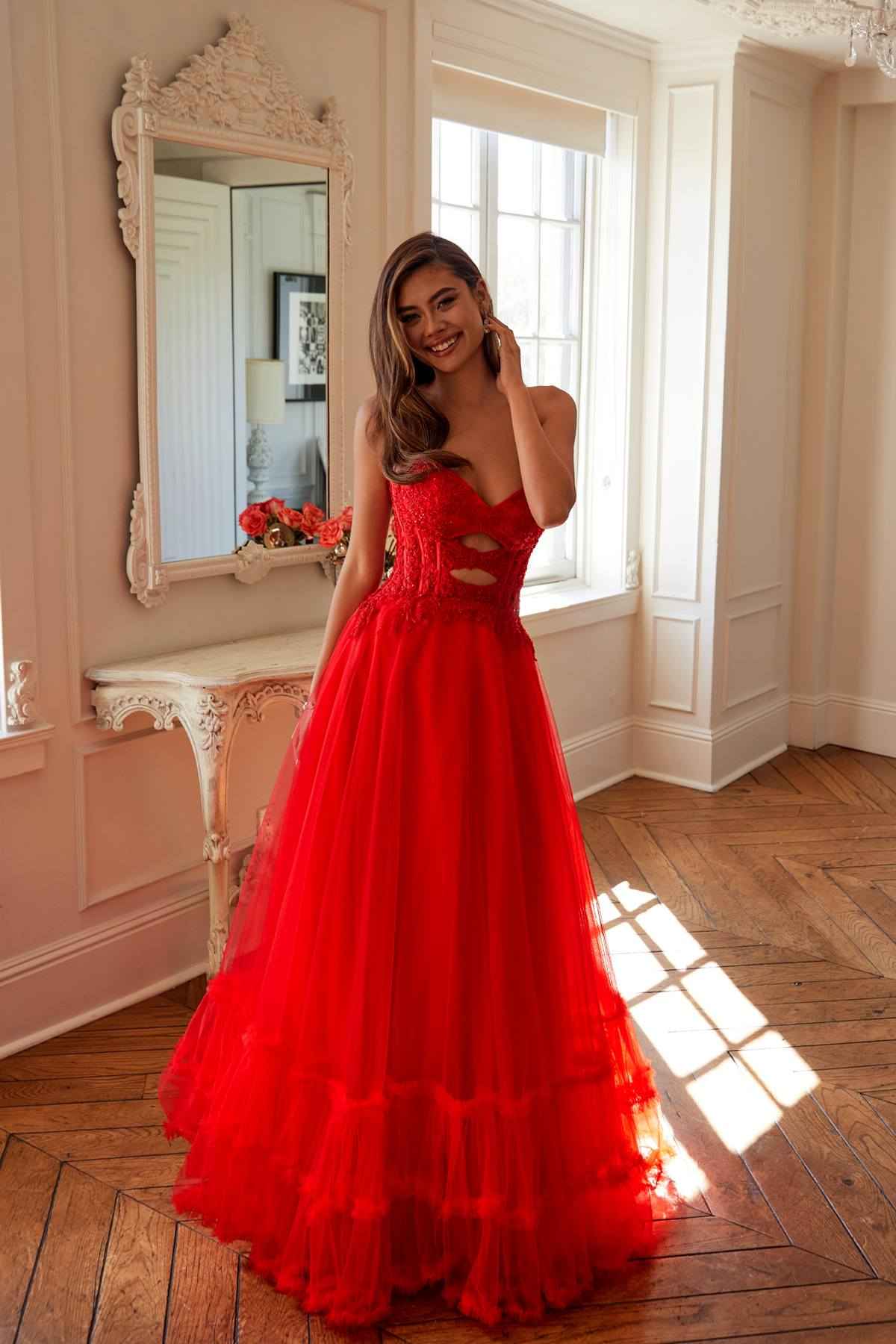 Juliet JT2561S Strapless Sweetheart Keyhole Bodice Tulle A-Line Gown