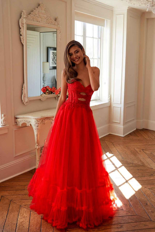 Juliet JT2561S Strapless Sweetheart Keyhole Bodice Tulle A-Line Gown