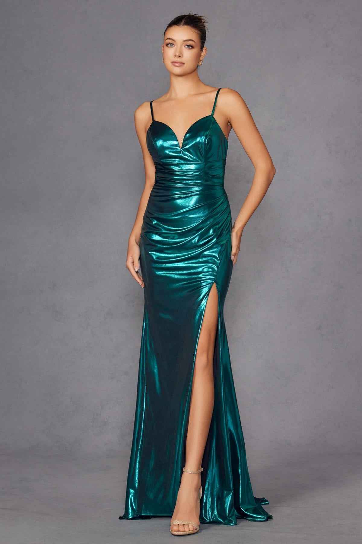 Juliet JT2567U Metallic Fitted Evening Gown