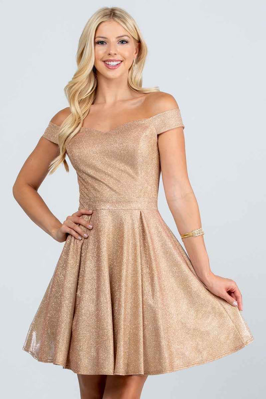 CLEARANCE - La Scala 25759 Short Off the Shoulder Skater Dress Glitter Jacquard (Size S)