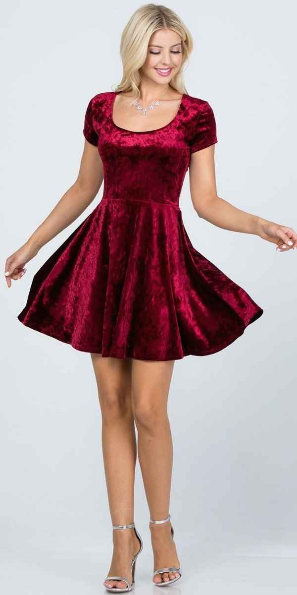 CLEARANCE - La Scala 25821 Crushed Velvet Short Sleeve Red Skater Dress (Size XL)