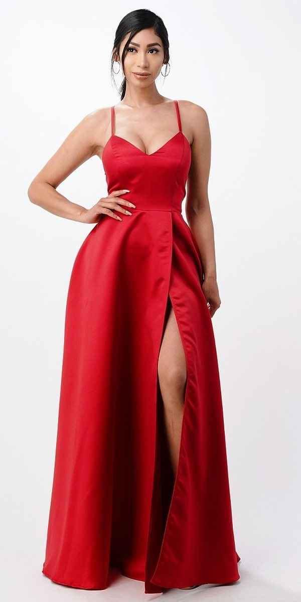 CLEARANCE - La Scala 25895 Open Side Back Spaghetti Tie Stretch Satin Gown (Size XL)