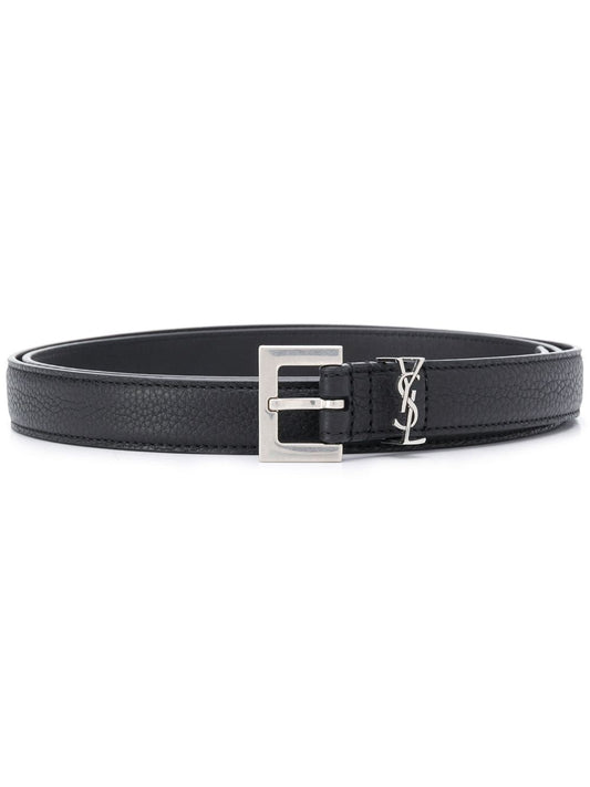 Saint Laurent Men Grained Leather Cassandre Thin Belt With Square Buckle