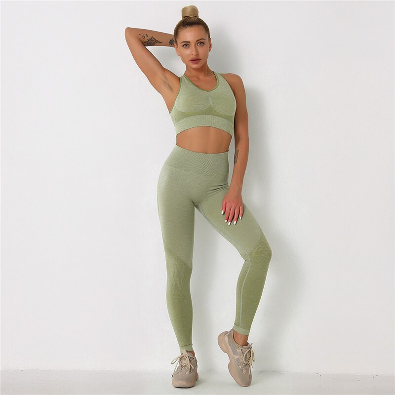 Yoga Set Feamle Two 2pcs Piece Crop Top Bra High Waist Leggings Sportsuit Workout Outfit Sport Gym Wear Suit - JUSTLUXURY