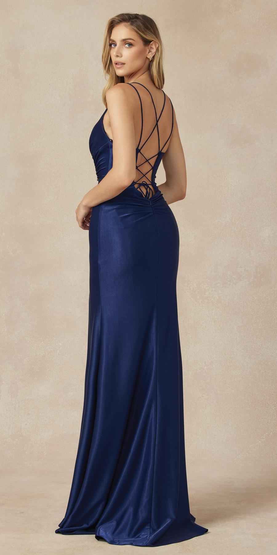 Juliet 284 Long Ruched Bodice Mermaid Evening Gown with Slit