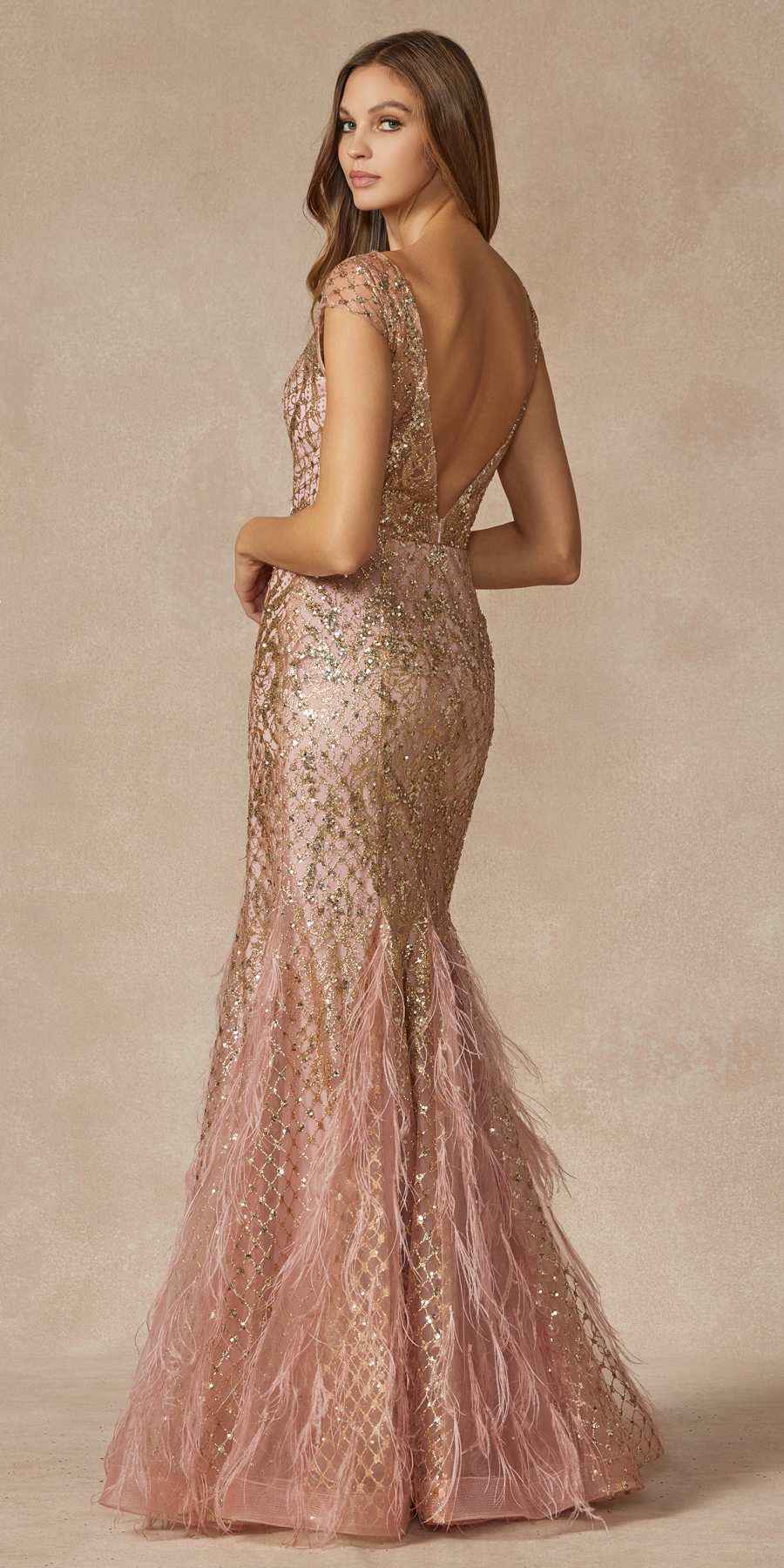Juliet 286 Floor Length Feather Skirt Embellished Fitted Prom Dress