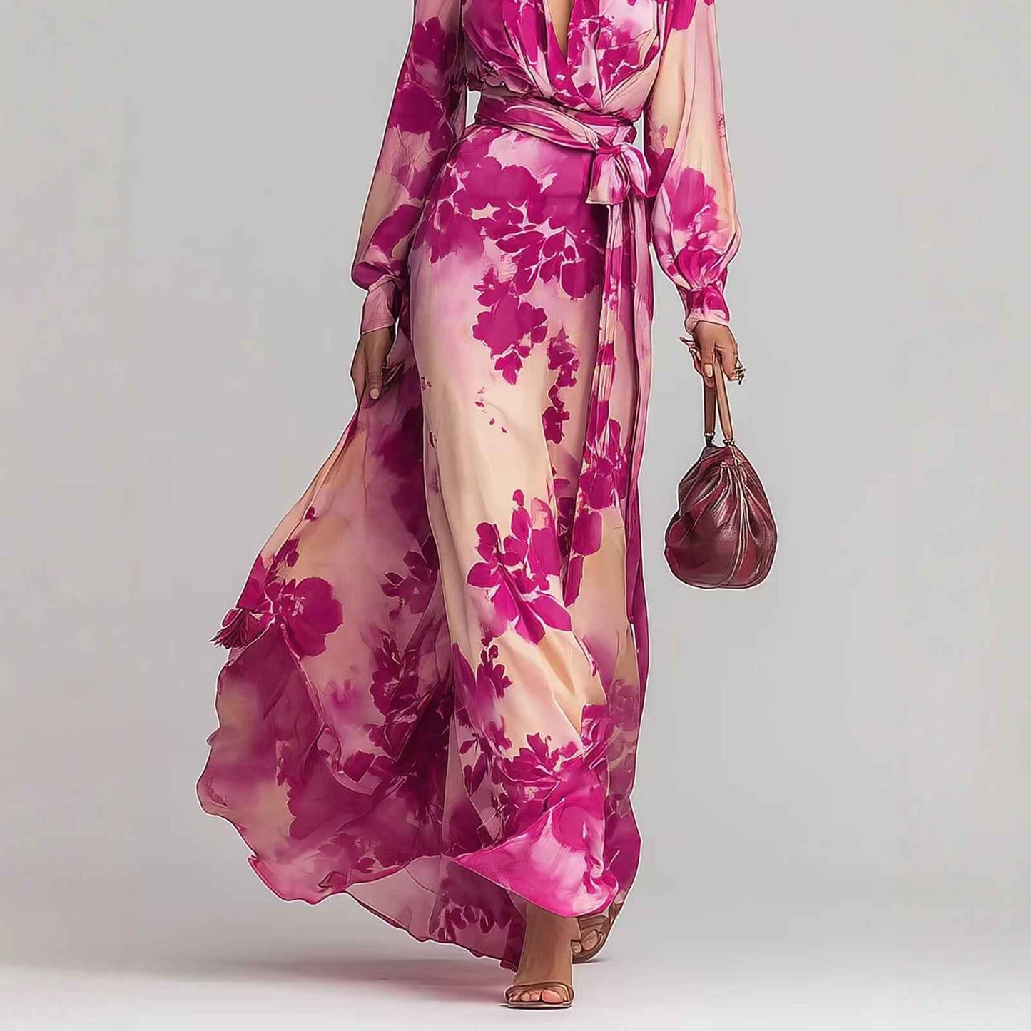 Printed Chiffon Long Sleeve V-Neck Tie-Up Dress Elegant Chic Spring New Long Dress