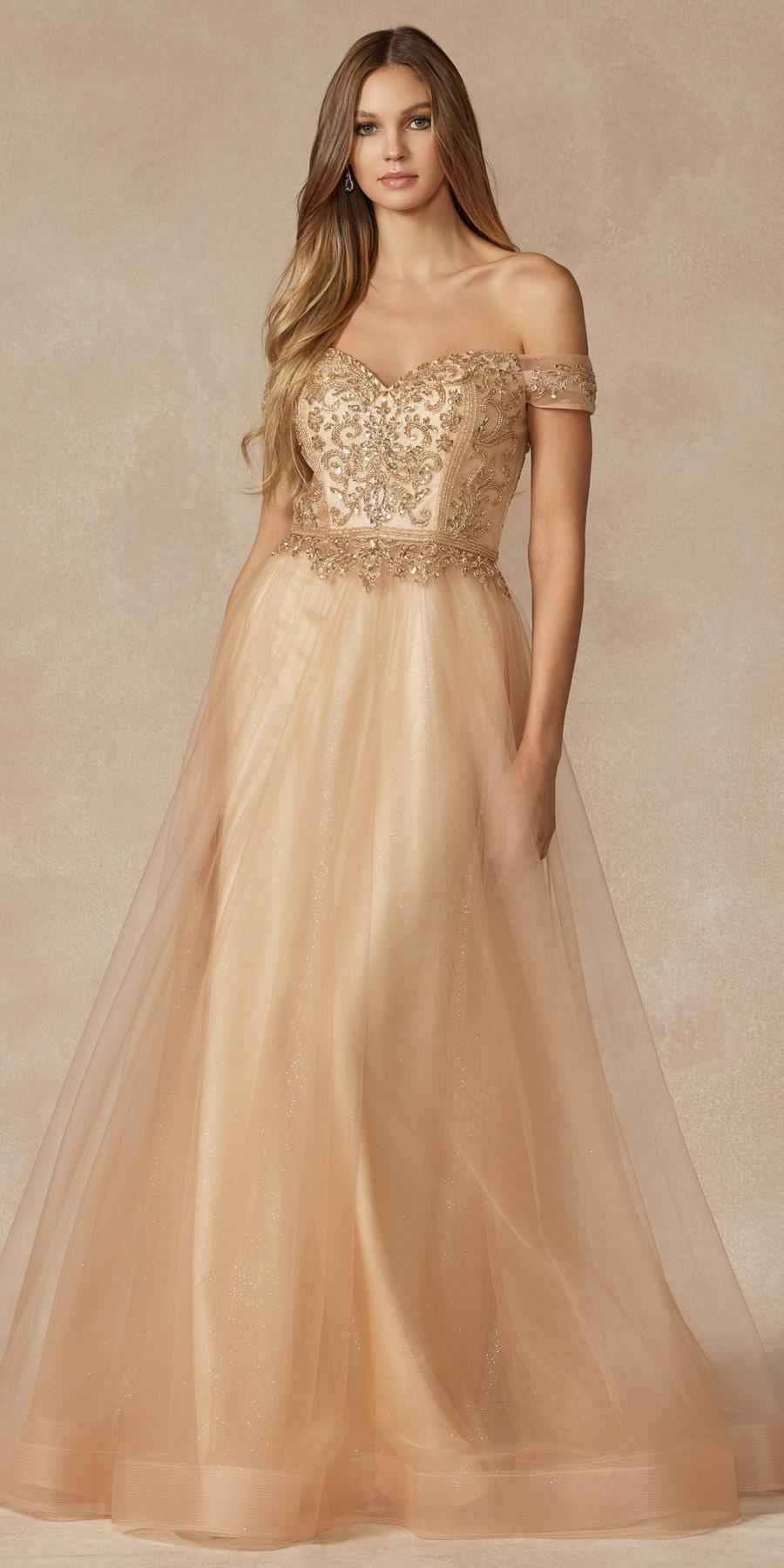 Juliet 287 Long Off the Shoulder Beaded Top A-Line Prom Dress