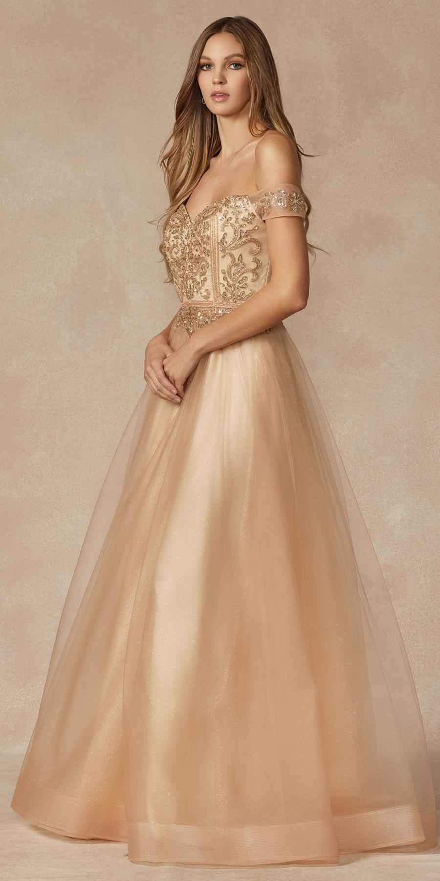 Juliet 287 Long Off the Shoulder Beaded Top A-Line Prom Dress