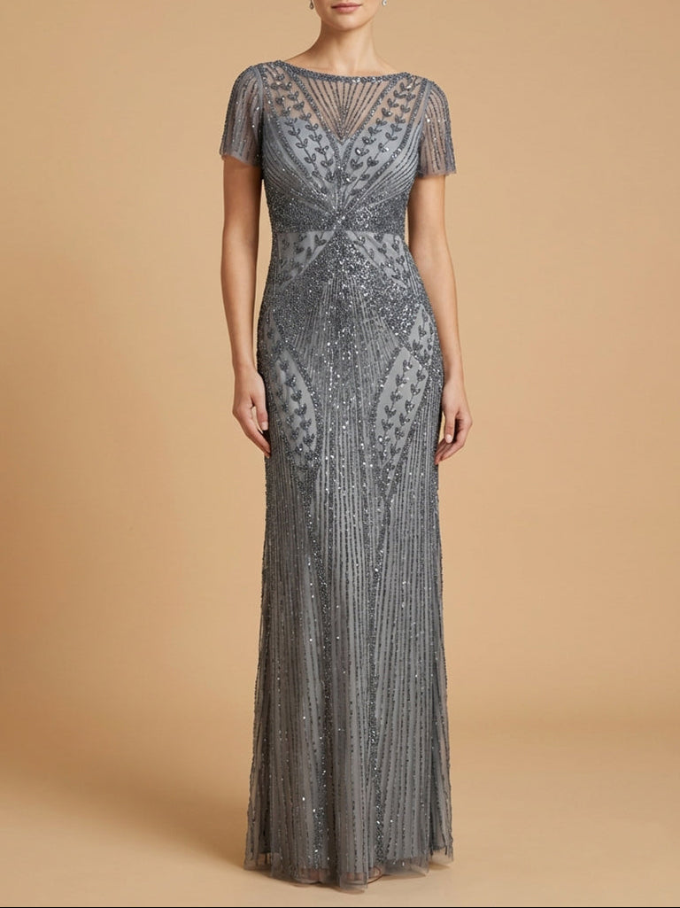 Lara 28856 - Beaded Flutter Sleeve Gown - JUSTLUXURY