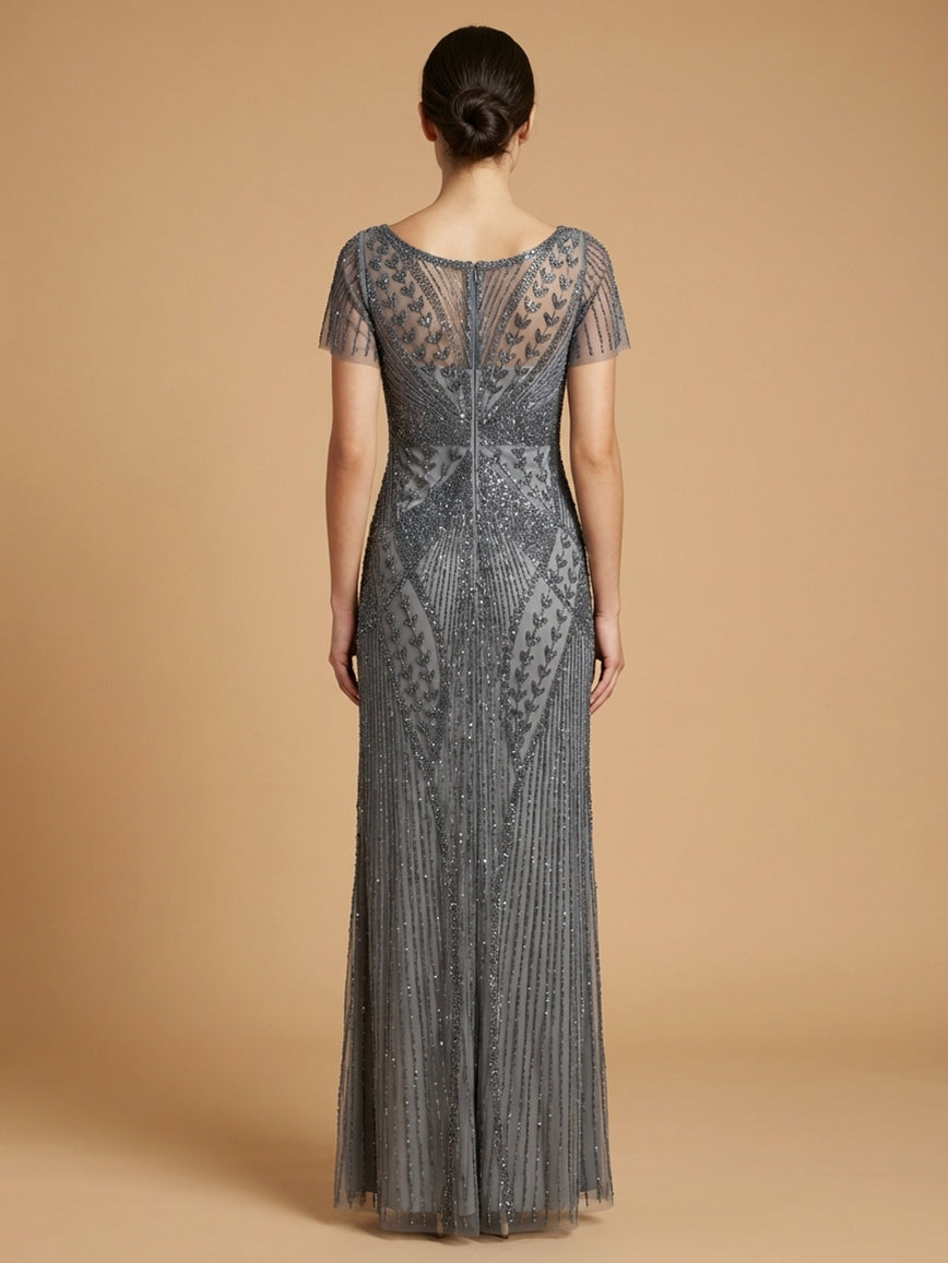 Lara 28856 - Beaded Flutter Sleeve Gown - JUSTLUXURY