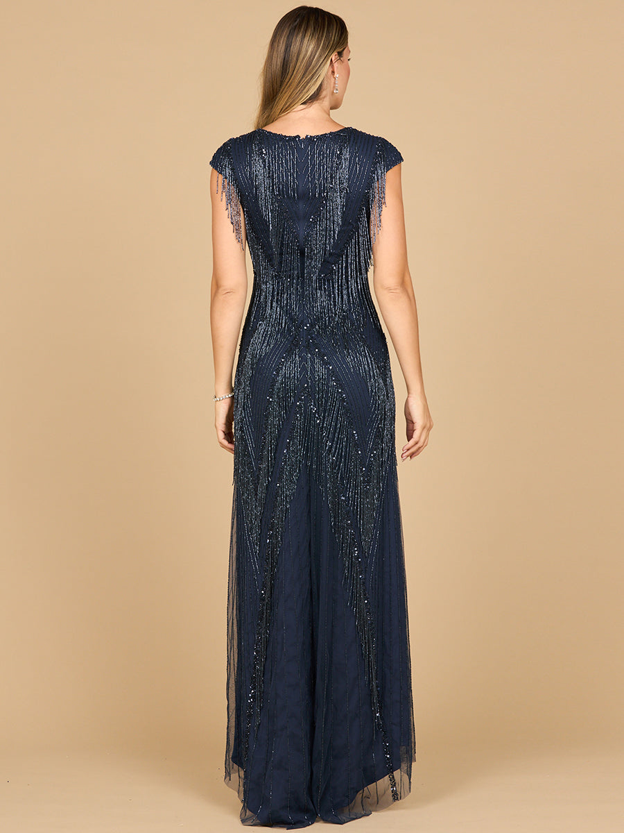Beaded Fringe V-Neckline Dress with Cap Sleeves | Lara 28858 - JUSTLUXURY