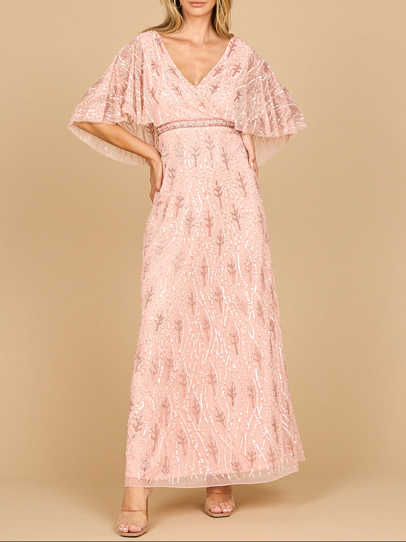 Beaded Gown with Half Cape - JUSTLUXURY