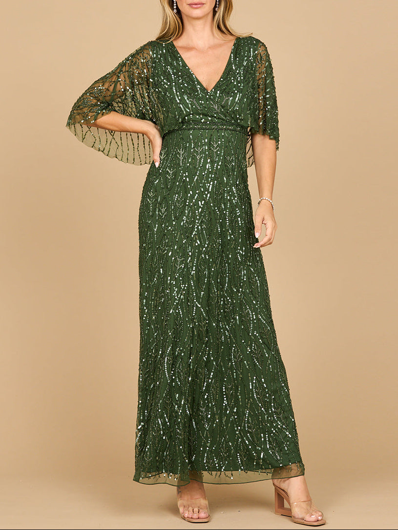 Beaded Gown with Half Cape - JUSTLUXURY