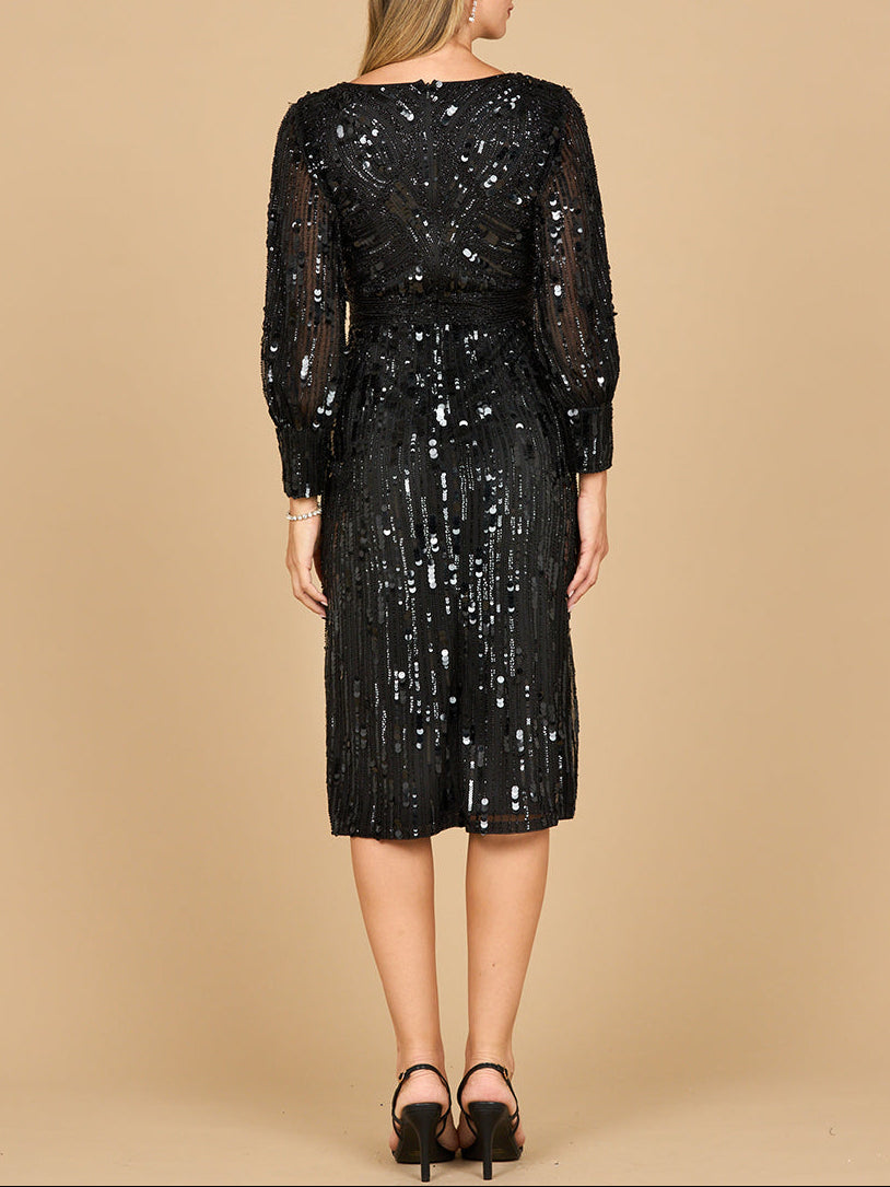 Lara 28855 - Beaded A-line Midi Dress with Long Sleeves - JUSTLUXURY
