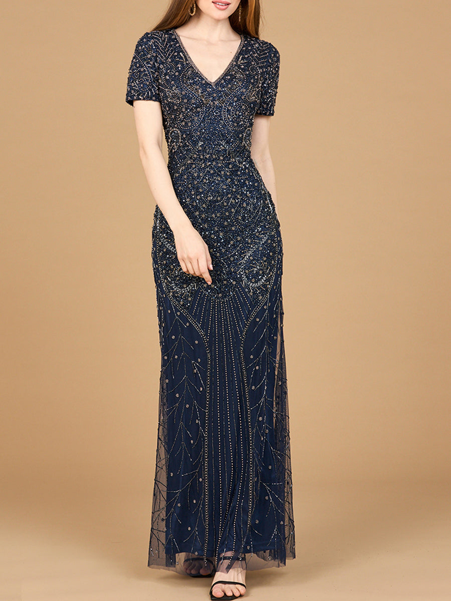 Short Sleeve Sheath Beaded Gown - JUSTLUXURY