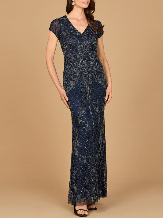 Cap Sleeve Mermaid Beaded Gown - JUSTLUXURY