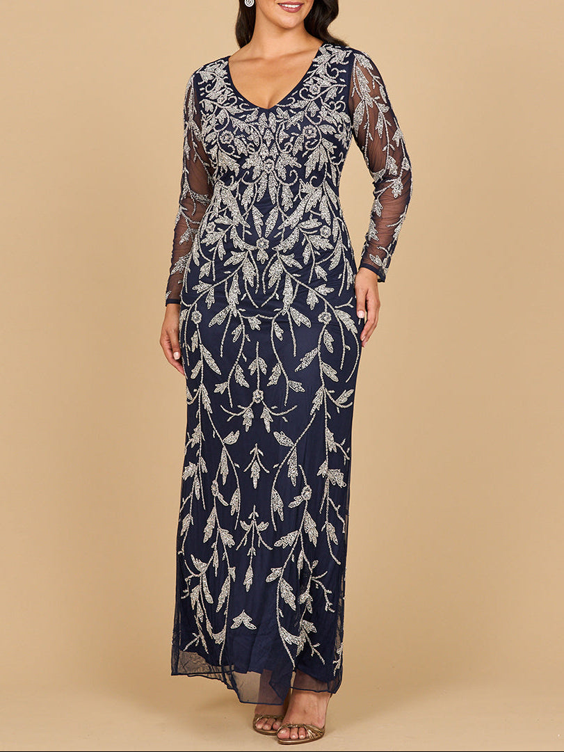 Lara 28870-  Long Sleeve Contrast Beaded Gown - JUSTLUXURY