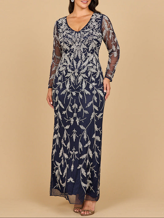 Lara 28870-  Long Sleeve Contrast Beaded Gown - JUSTLUXURY