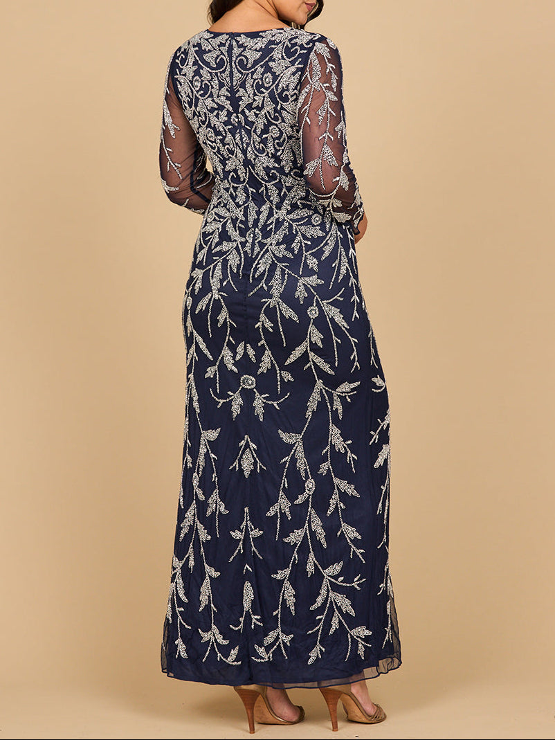Lara 28870-  Long Sleeve Contrast Beaded Gown - JUSTLUXURY