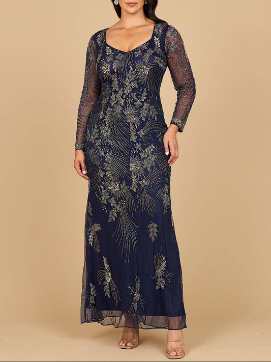Long Sleeve Queen Anne Beaded Gown - JUSTLUXURY
