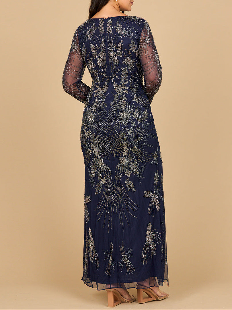 Long Sleeve Queen Anne Beaded Gown - JUSTLUXURY