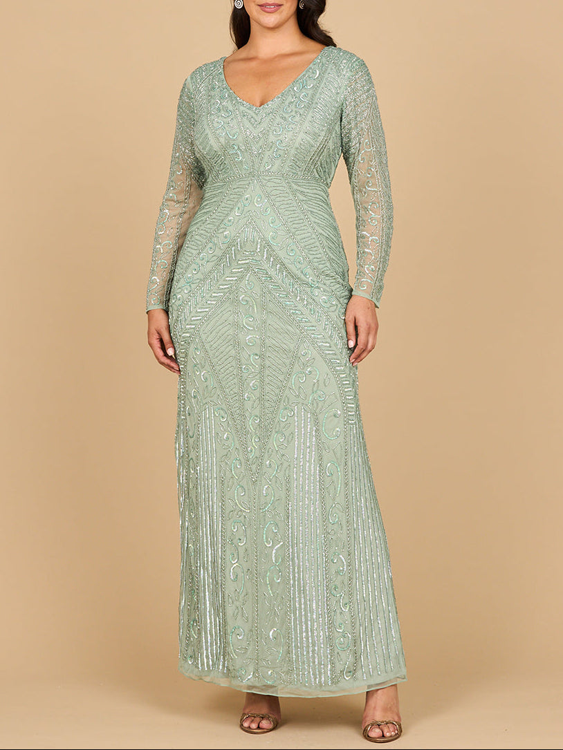 Lara 28875-  Long Sleeve Geometric Beaded Gown - JUSTLUXURY