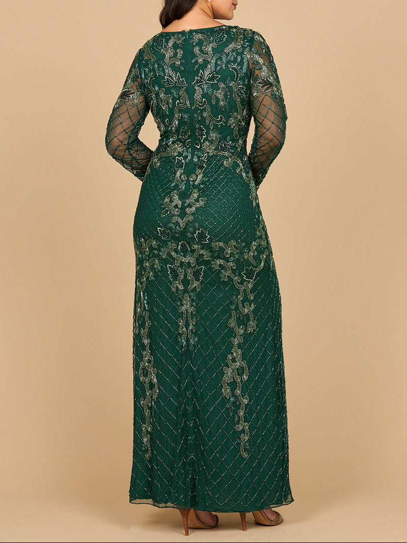 Lara 28877-  Long Sleeve Contrast Beaded Gown - JUSTLUXURY
