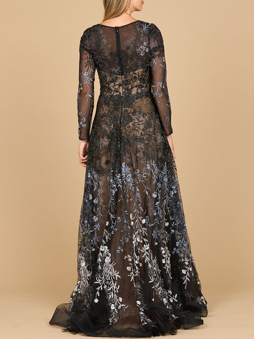 Lara 28878- Long Sleeve V-Neck Ombre Lace Gown - JUSTLUXURY