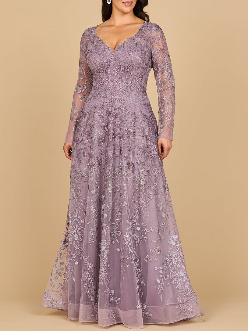 Lara 28878- Long Sleeve V-Neck Ombre Lace Gown - JUSTLUXURY